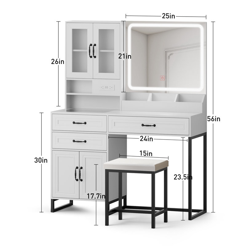 43"Wide Makeup Vanity Set With Light and Mirror and Power Outlet, White/Black