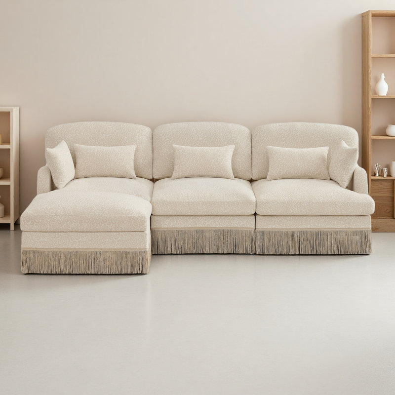 Canapé confortable en L 100 po à imprimé léopard en chenille de 100 po, bord à pampille délicat, repose-pieds mobile, style moderne, dossier et siège ergonomiques, assemblage facile, siège profond pour le salon