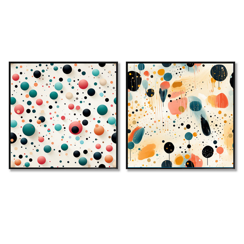 Artistic Splendour Polka Dots Pattern - Abstract Shapes Square Collage Set Of 2, Black Floater Framed, 16" H x 33" W