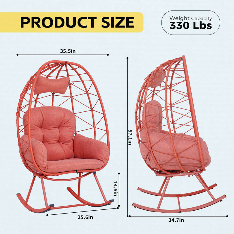 Fauteuil berçant intérieur / extérieur en osier avec coussin et coussin, Orange-rouge, Orange-rouge