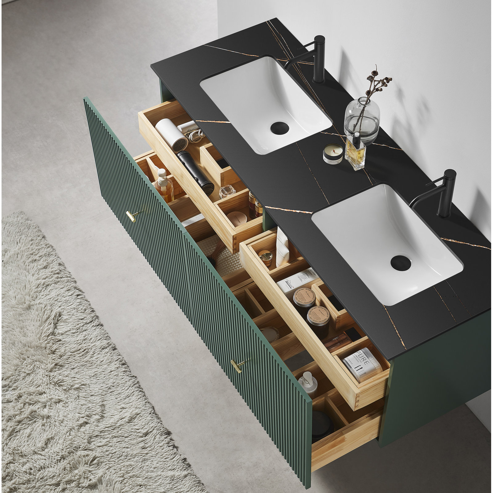 Jamell 60'' Double Bathroom Vanity, Forest Green, Black