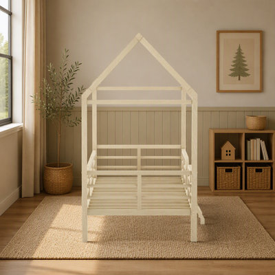 Cabane simple, cadre de lit plateforme en métal avec toit, barrières de sécurité et échelle, structure en acier à motif de bois, espace de rangement sous le lit pour aspirateur robot, conception anti-basculement, aspect naturel