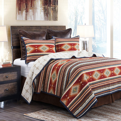 Del Sol Red/Orange/Tan Aztec Print Cotton Southwestern Style Reversible Quilt Set