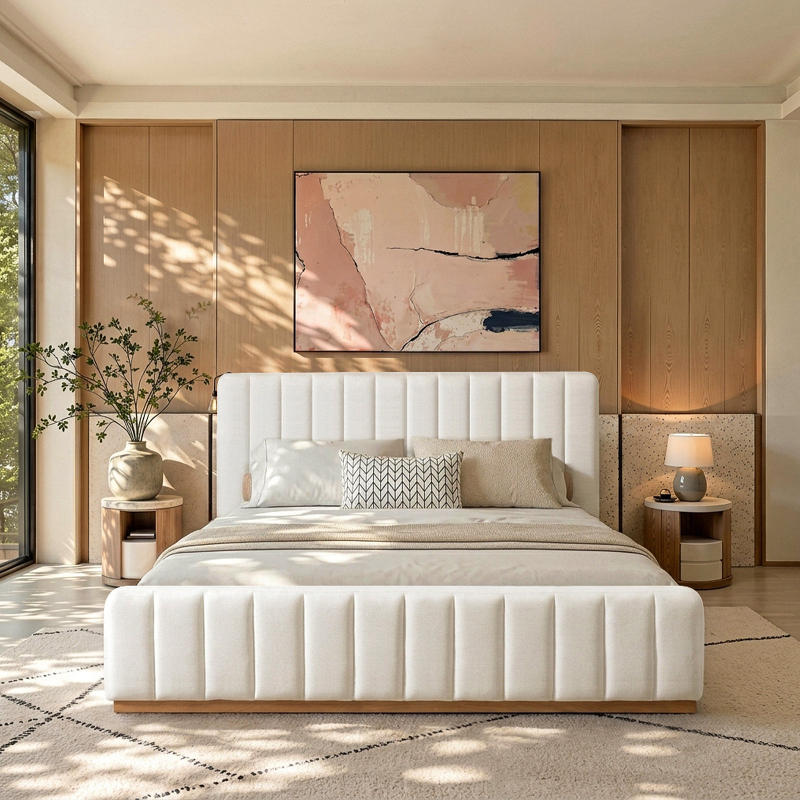 Upholstered Panel Bed, King, Beige