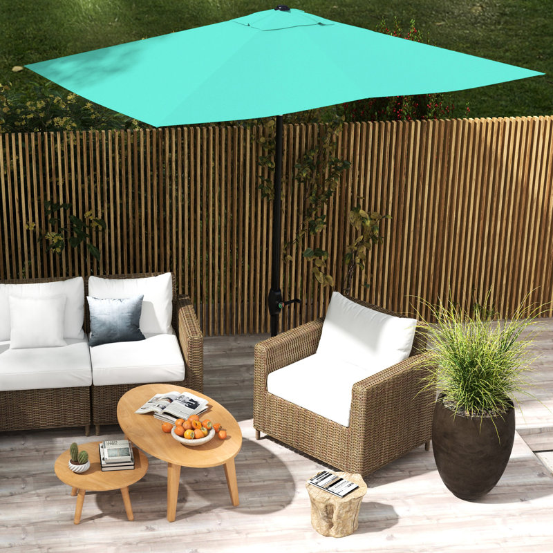 Parasol de patio 6,5 pi x 10 pi, filet de protection, manivelle et inclinaison variable, parasol de table d'extérieur bleu sarcelle de 10 pi, 50+, inclinaison,