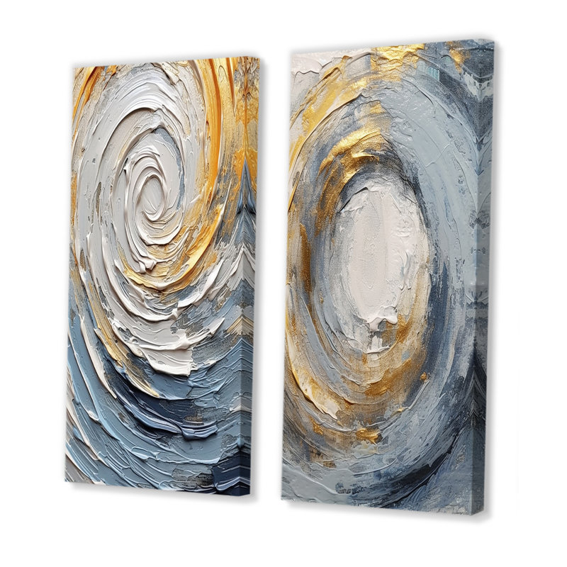 2 pièces sur toile - Spirales vibrantes dorées et bleues, Toile tendue, H 32 po x l 32 po
