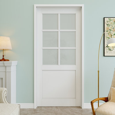 36" x 80" 6-Lite Frosted Glass Interior Prehung Door with Black Hinges, Privacy Glass Door Slab, Paintable & Waterproof, Suit for Laundry, Closet Doors, Room Doors, Left Hand