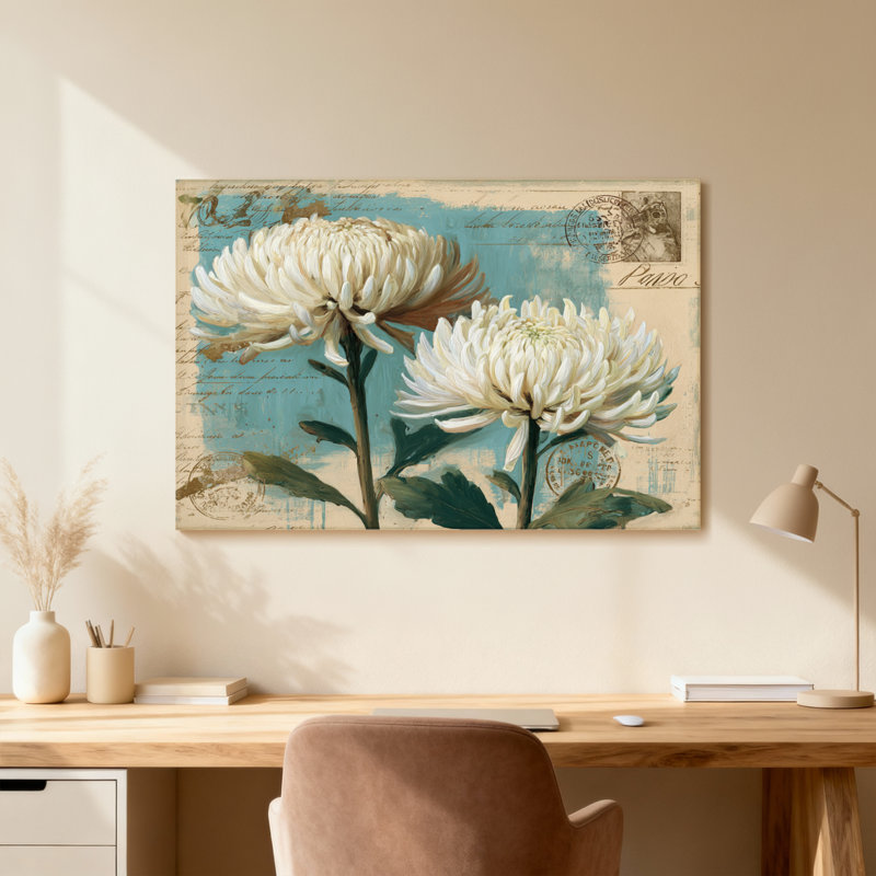 Plantes et fleurs, conception de carte postale florale rétro avec chrysanthèmes, H 12 po x l 18 po, Toile tendue