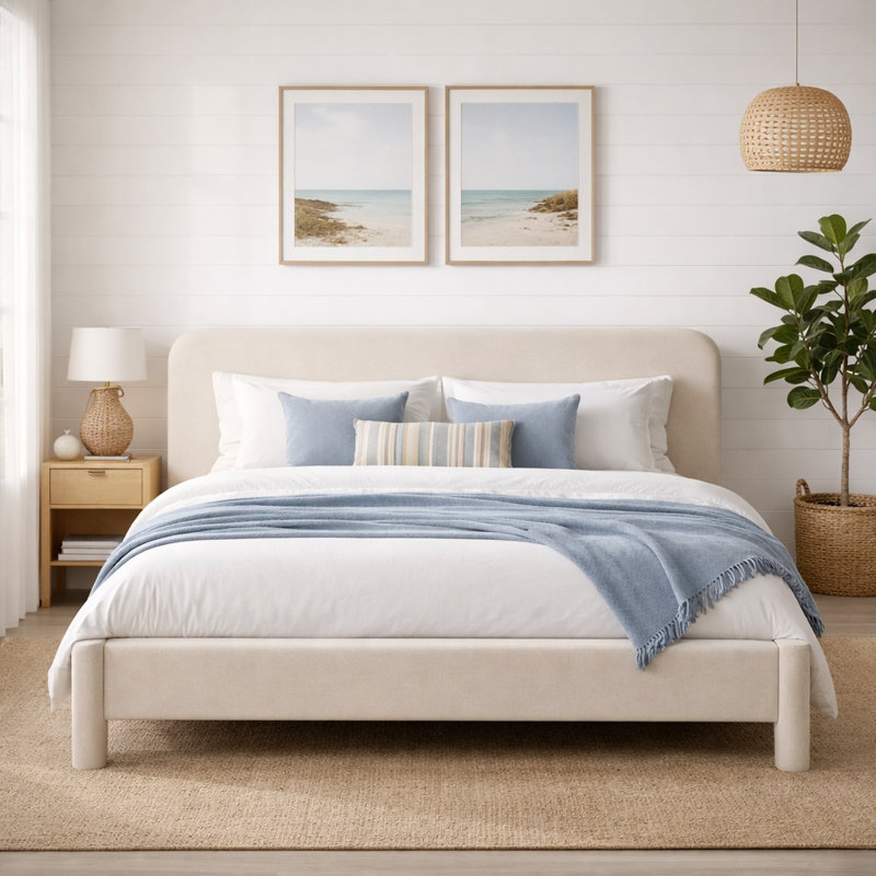 Reigen Curved Headboard Upholstered Platform Bed With Soft Rounded Corners,Beige,King, Beige, King