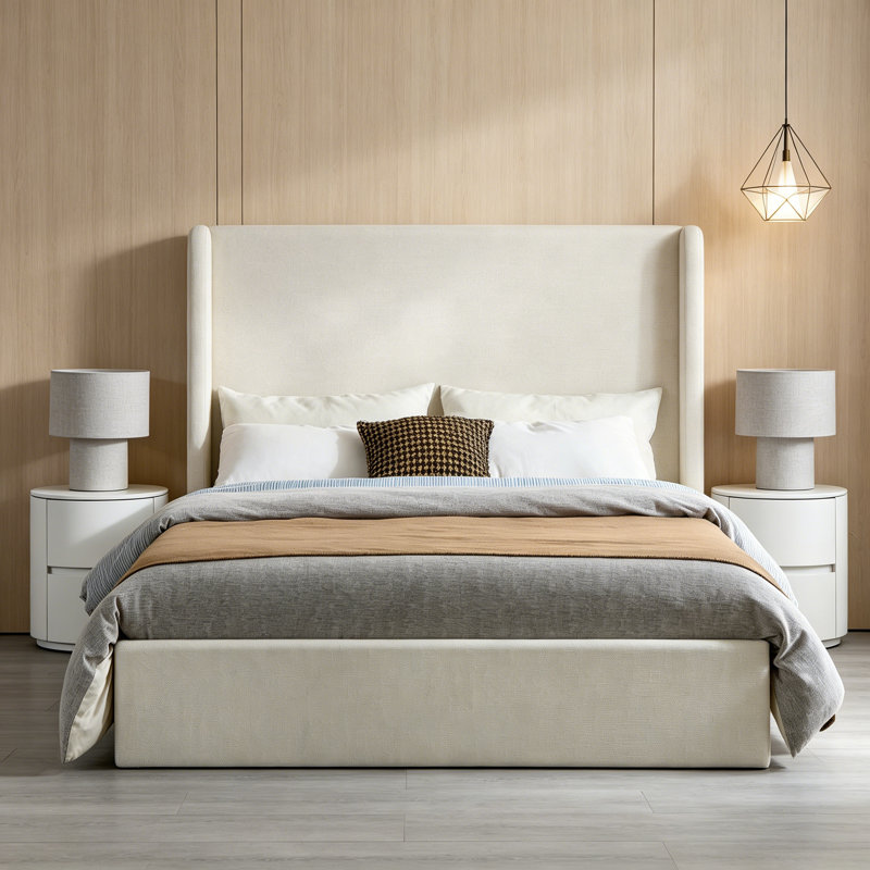 Caron Upholstered Wingback Bed / 52.3" High Headboard / Simplicity / Minimalist / Without Wooden Slats / Box Spring Request / Easy Assembly / King / Textured Ivory Canvas Chenille