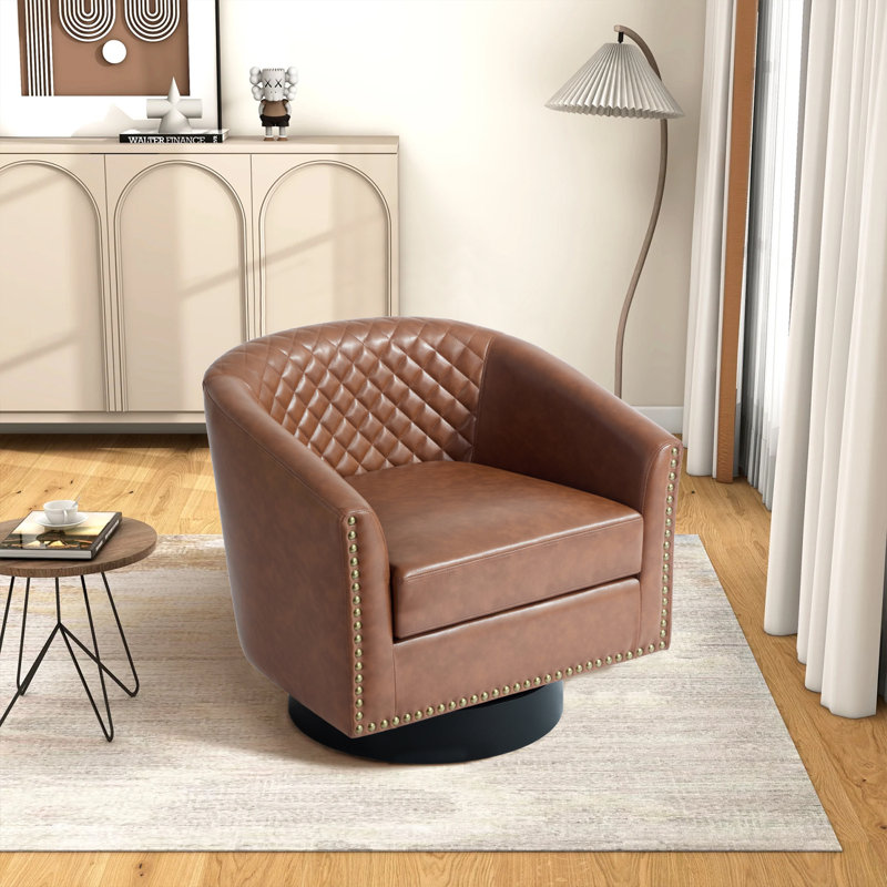 Petit fauteuil pivotant rembourré en similicuir brun rembourré avec garniture cloutée, Brun