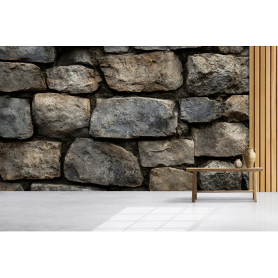 Dark Rustic Stone Wall Wallpaper – Realistic Masonry Texture Mural For Cozy Cabin, Wine Bar, Accent Wall Or Country Style Interior Vintage Decor Theme 