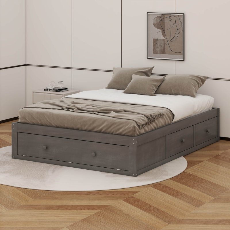 Queen Size Platform Bed Frame With 4 Storage Drawers And Hydraulic Lift Footboard Storage, No Headboard, Antique Gray