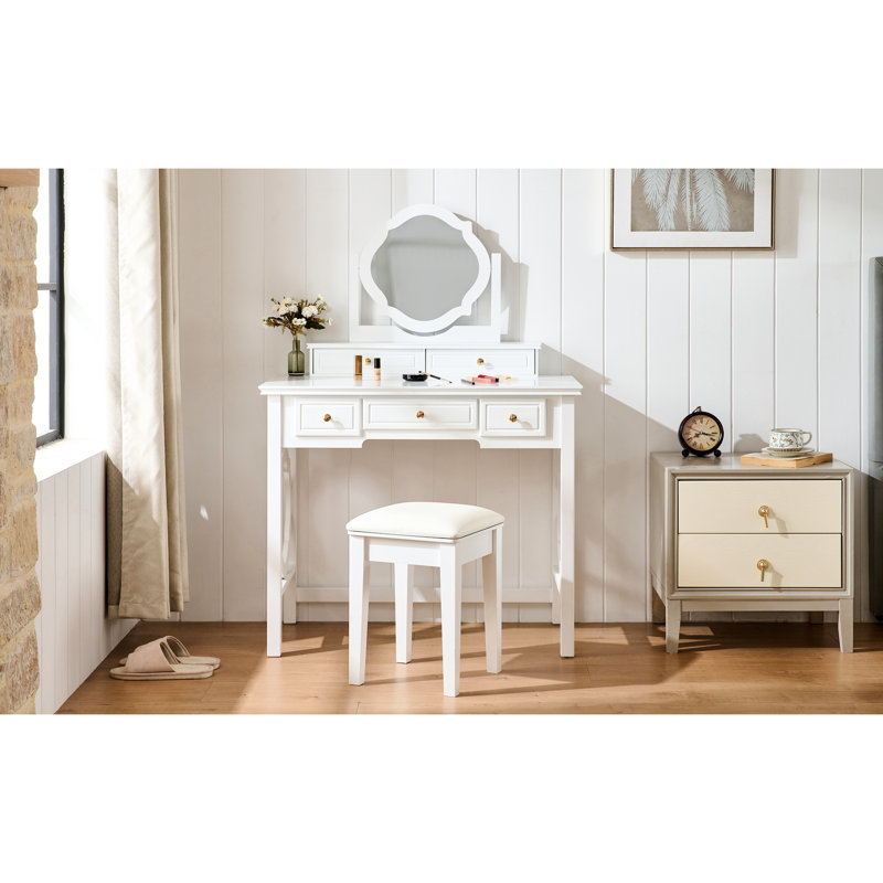 White Makeup Vanity And Stool With Reversible Mirror, Elegant Design For A Timeless Look, 5 Drawers Of Various Sizes, Molding On Table Legs, Organized Storage,