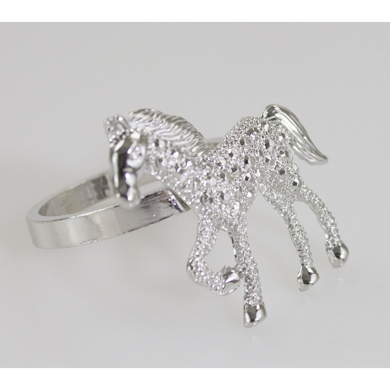 Rond de serviette en métal argenté à motif de chevaux bejewelés, ensemble de 4, Argent