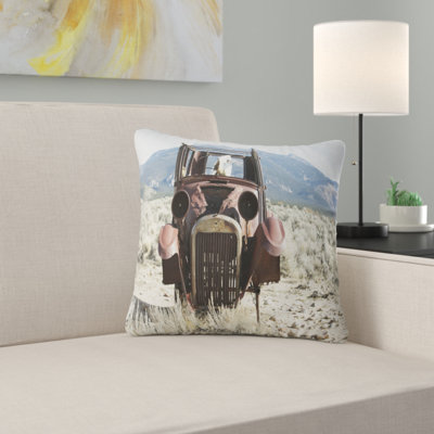 Landscape Retro Car in Mountainous Area Throw Pillow