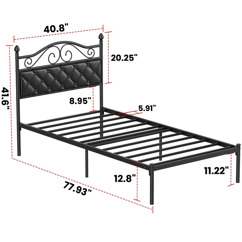 Lit plateforme rétro en métal avec tête de lit en cuir de qualité supérieure, Simple