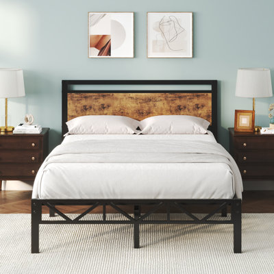 Full Size Bed Frame With Headboard & Footboard, Easy Assembly Sturdy Metal Platform Bed, Anti-slip & Silent Support, No Box Spring Needed With Underbed Storage, Modern Bedroom Furniture, Walnut