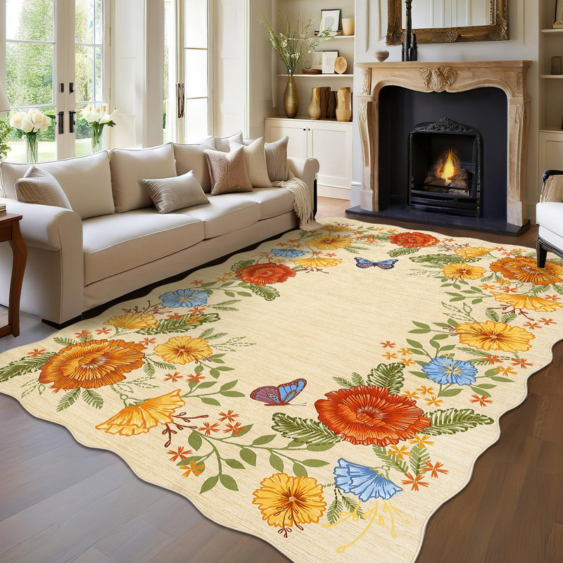 Floarl Machine Washable Rug with Rubber Backing for Living Room Modern Non-Slip Dining Room Rug Easy-Cleaning Floor Carpet for Bedroom Dorm Playroom
