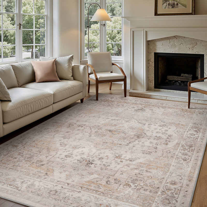 Soft Machine Washable Oriental Area Rug For Living Room, Bedroom, Beige, Rectangle 8' x 10'