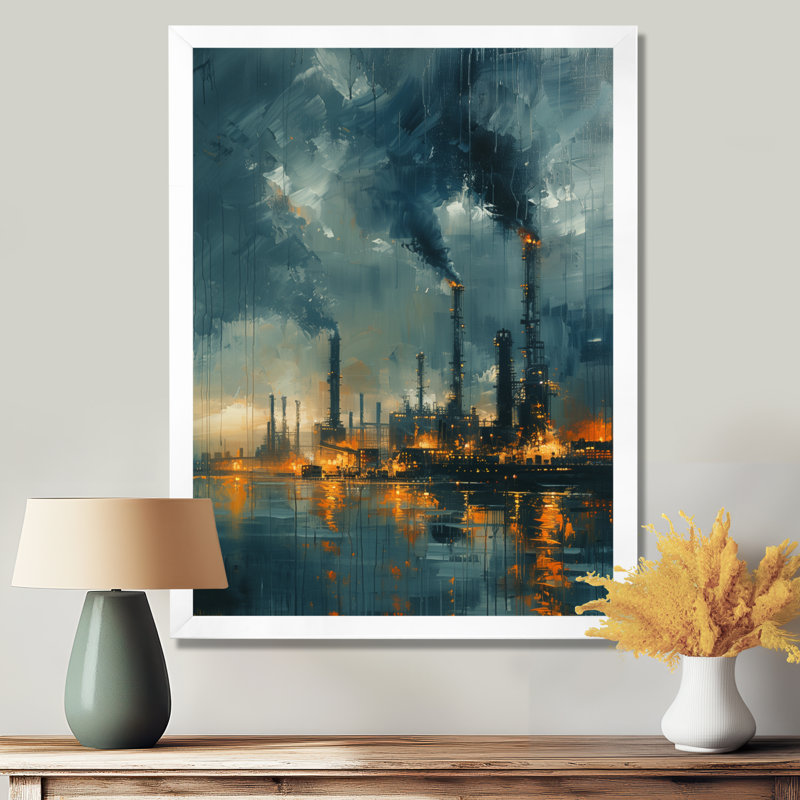 Bleu, bleu, usines, paysage industriel I - usines, décoration murale, Toile argentée avec cadre flottant