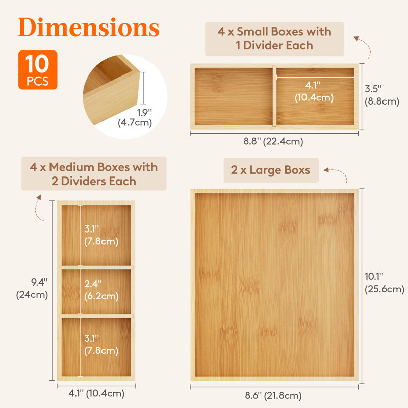 Rangement de tiroir 10 pièces (22 grilles) avec 12 insertions, séparateurs de tiroir réglables en bois de bambou, boîte de rangement empilable pour ustensiles, argenterie, maquillage, malbouffe dans la cuisine / salle de bain / bureau / meuble-lavabo