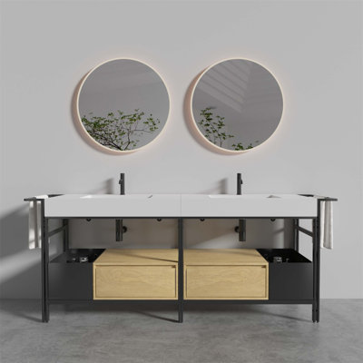Ensemble de meuble-lavabo de 72 pouces avec lavabo, structure en métal et accents de bois chaud FORTE, lavabo en pierre artificielle facile à nettoyer