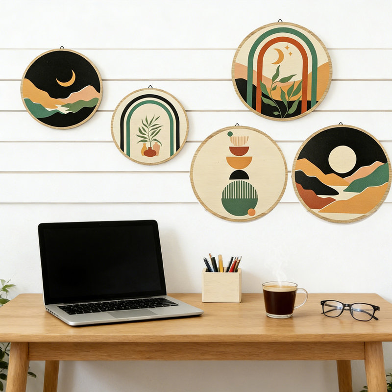 5-Piece Boho Wooden Wall Art Set - Handcrafted Sustainable Birch Wall Decor with Earthy Tones, Minimalist Geometric Design for Bedroom, Living Room, Bathroom, Yoga Studio | Easy Hang & Natural Finish