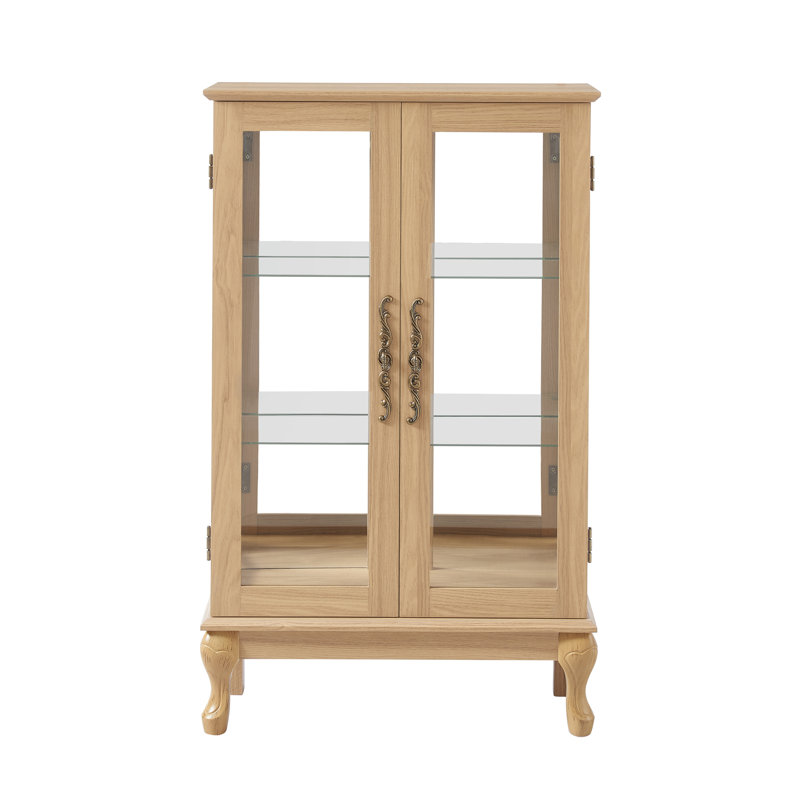 Élégante vitrine en chêne clair avec portes en verre trempé, éclairage DEL, dossier en miroir et tablettes réglables pour la maison et le bureau
