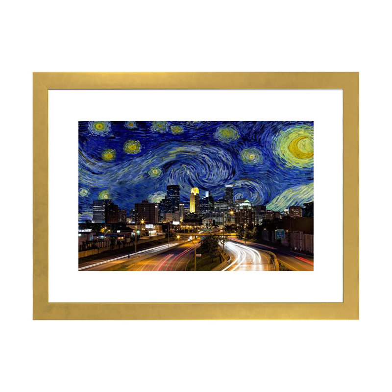 Minneapolis, Minnesota, nuit étoilée, impression d'art graphique, Papier encadré doré, Blanc, H 24 po x l 32 po x P 1 po