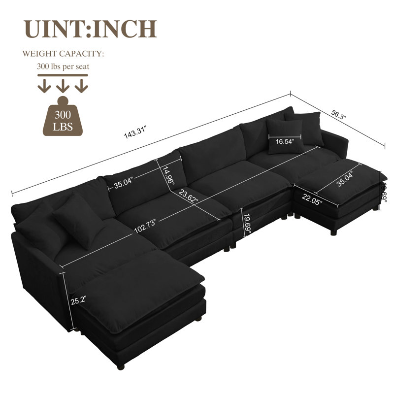 Modular Sectional Sofa Couch,Deep Seat Sofa With Movable Ottoman For Living Room,Chenille Couch With Pillows, Black