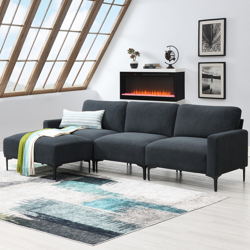 Keysan Velvet L-Shaped Sectional with Ottoman Reversible, Dark Gray Polyester Blend