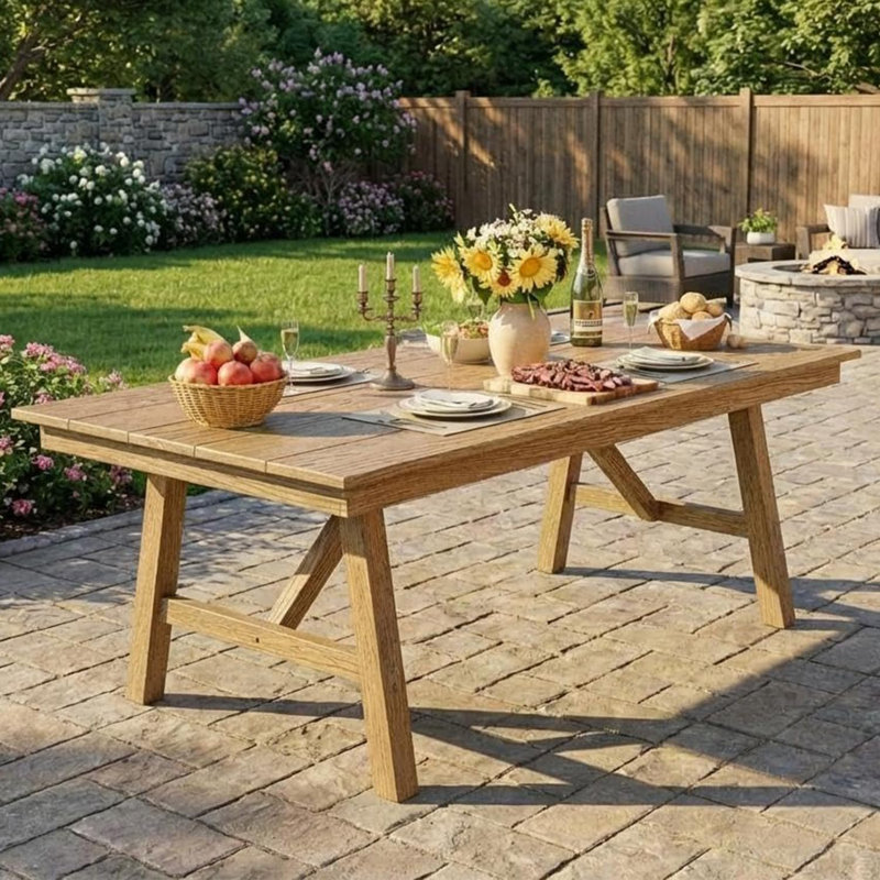 Outdoor Dining Table for 4-6, HDPE All-Weather Rectangular Patio Table with Umbrella Hole & Triangular Legs, 66.9" Long Waterproof Garden Dining Table for Backyard, Deck, Brown