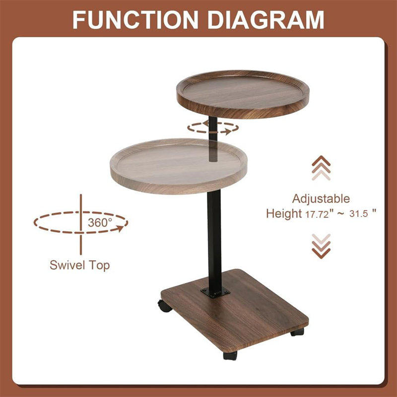 Table d'appoint roulante à hauteur ajustable en forme de C, petit canapé en bois avec pivot à 360 ° pour le salon, Brun