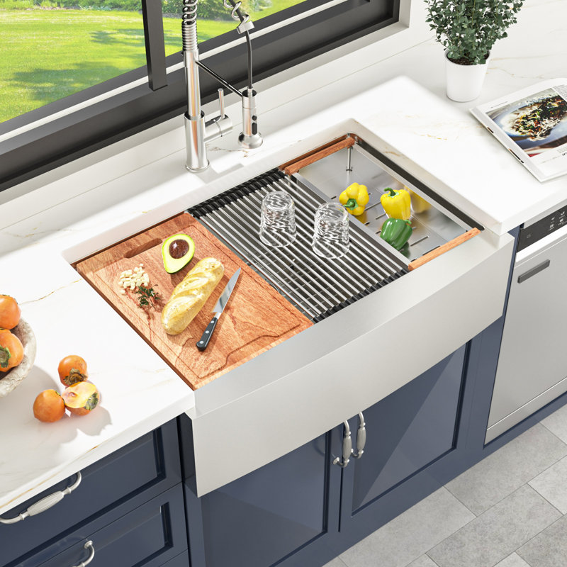 33 in. Workstation Farmhouse / Apron Kitchen Sink Single Bowl 16 Gauge Stainless Steel Sink with Accessories, Silver