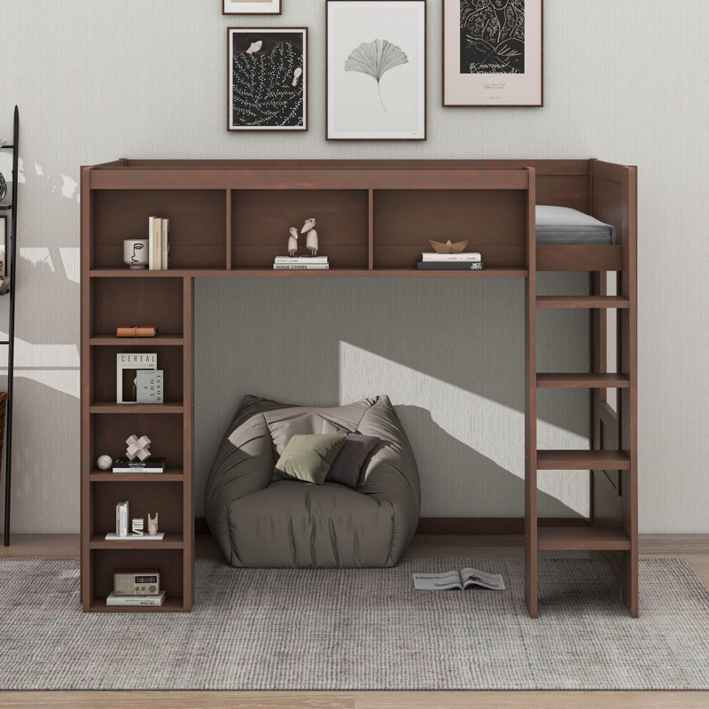 Queen Size Wooden Loft Bed With Storage Cabinets And Shelves, Brown