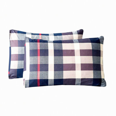 Navy Plaid Cotton Pillowcase Set - Queen Size 2 Pack Checkered Pillow Protectors with Envelope Closure - Premium Quality Soft Comfort - 20x26"