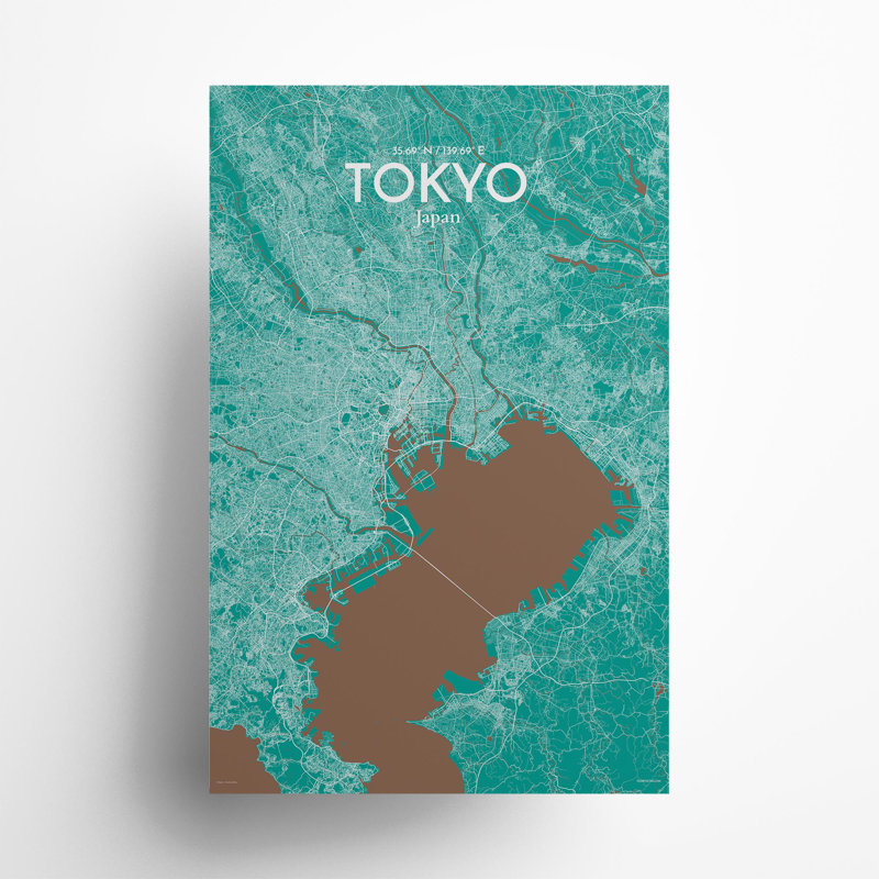 Carte de la ville de Tokyo, impression, H 17 po x l 11 po, Vert / brun