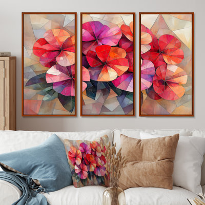 Geometric Geranium Blossoms Cubist - Geraniums Wall Art - Set Of 3