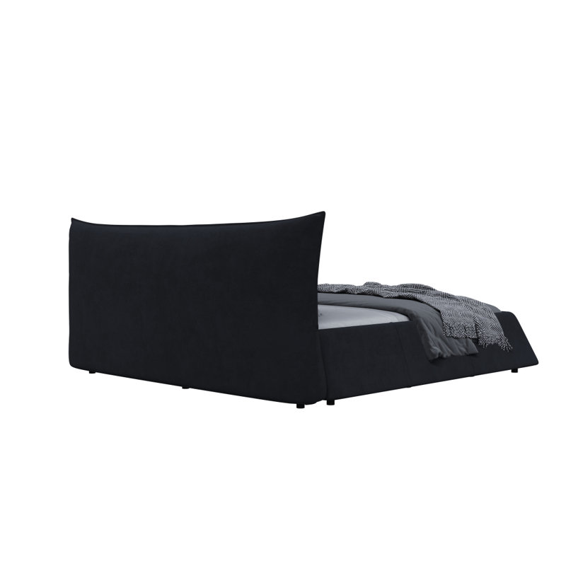Grand lit plateforme tapissier avec tête de lit en velours de forme spéciale, structure en métal et bois massif, noir, Noir