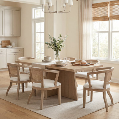 Ashia 7-Piece Mid-Century Modern Cane Back Upholstered Dining Set With Ash Veneer Table