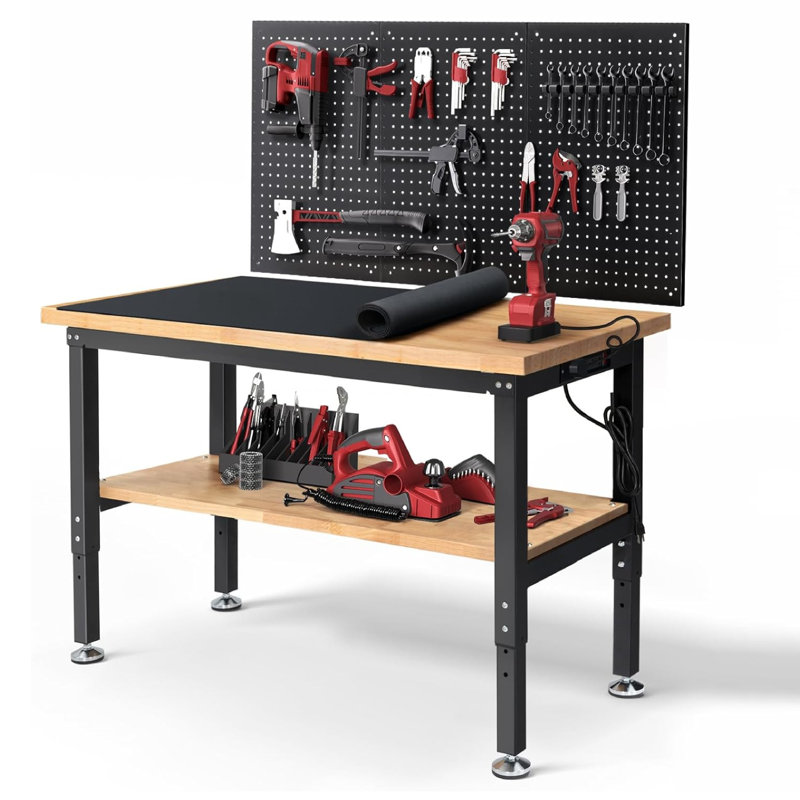 Work Table for Garage Adjustable Workbench with Power Outlets Pegboard Pad