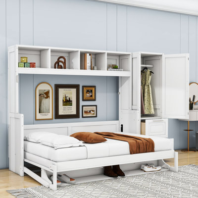 Lit escamotable Ajae avec bibliothèque de rangement, tiroirs et garde-robe