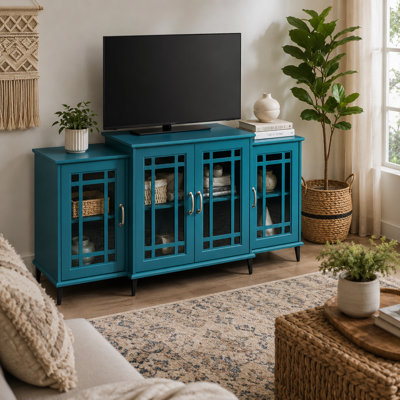 Meuble télé Sinderen avec portes en verre sculpté floral, pieds et poignées en métal