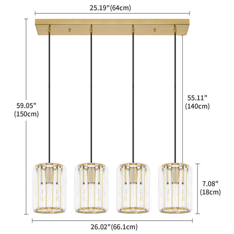 Bette 4 - Light Black Modern Kitchen Island Crystal Pendant With Adjustable Height, Gold
