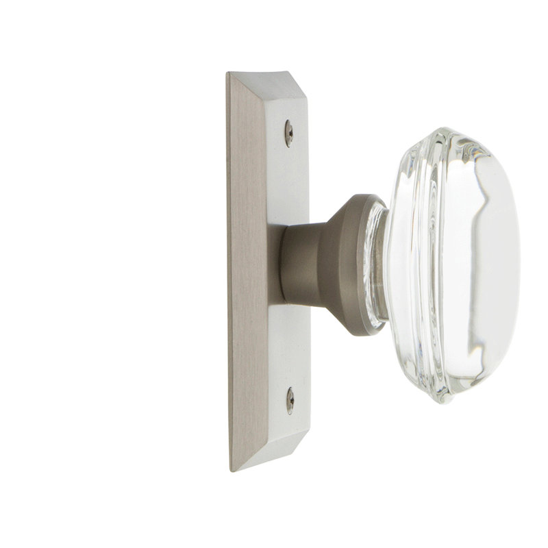 Studio Plate with Oval Clear Crystal Door Knob, Satin Nickel
