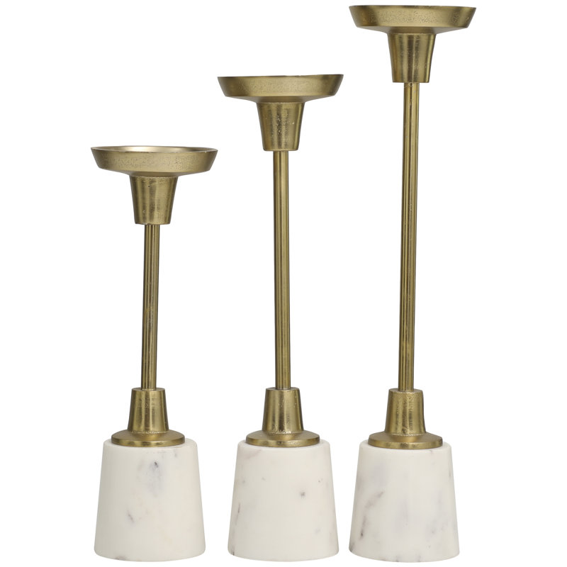 Gold Aluminum and White Marble Tabletop Candle Holder Set