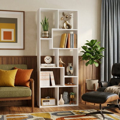 5-tier Modern Geometric Asymmetrical Bookcase, Open Back Etagere Display Shelf