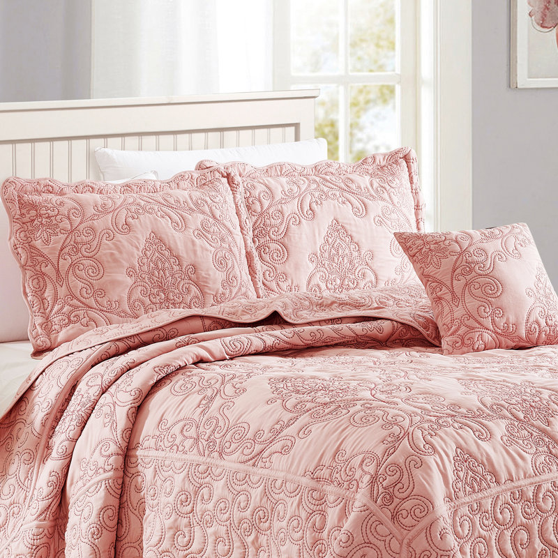 4 Piece Damask Oversized Embroidery Bedspread Set, King Quilt + 2 King Shams + Throw Pillow, Dusty Pink