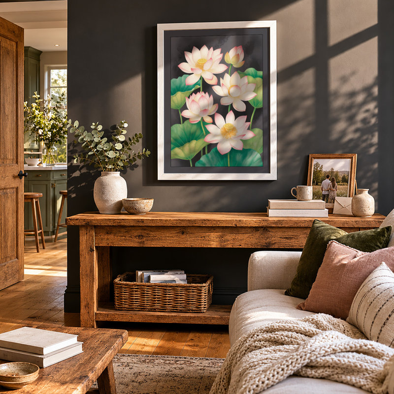 Lotus in Bloom Botanical - Framed Print, A1 - 84.1 x 59.4 cm, White
